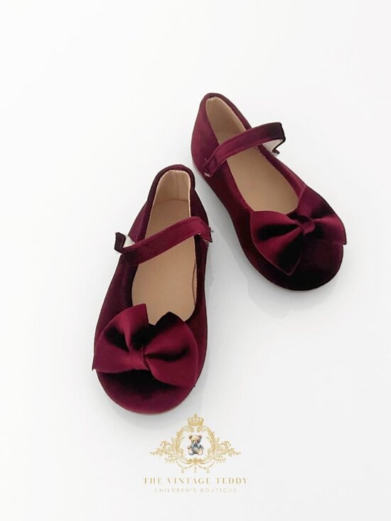The Vintage Teddy Other - NWT Pretty Girls Mary Jane Velvet Flats Children's Shoes Toddler Burgundy 6.5